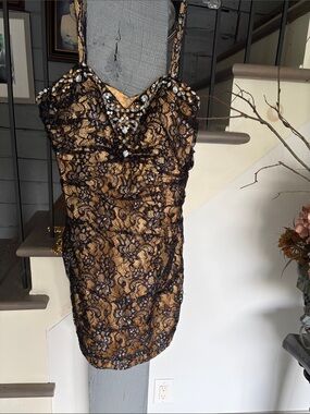 Black Lace Overlay Cocktail Dress with Gold Underlay by RIANNA COUTURE